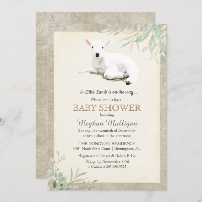 Invitación a la Baby Shower del cordero pequeño (Anverso / Reverso)