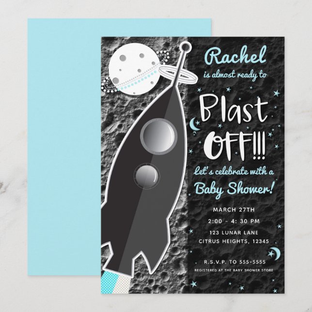 Invitación A la Baby Shower del espacio del cohete MOON (Anverso / Reverso)