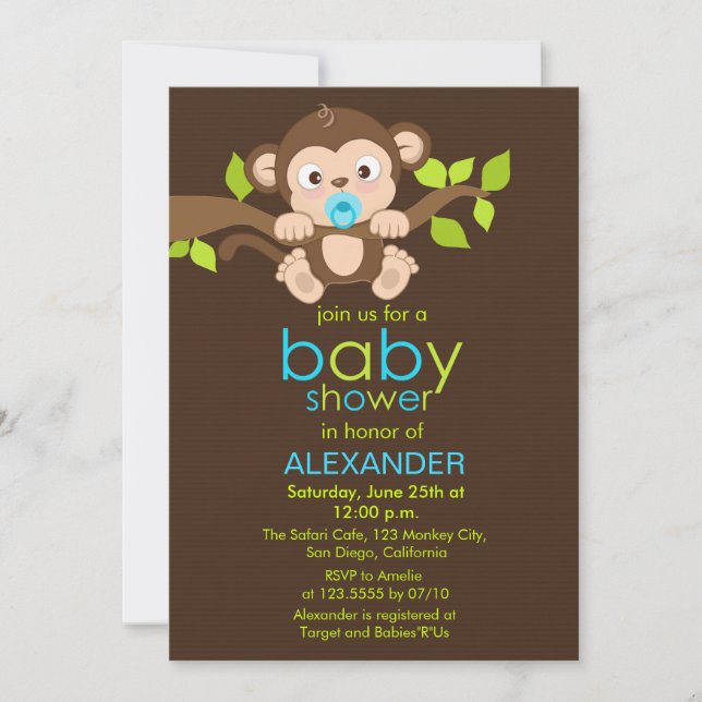 Invitación a la Baby Shower del niño pequeño mono (Anverso)