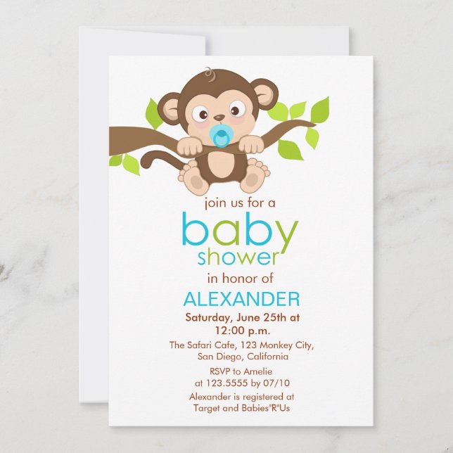 Invitación a la Baby Shower del niño pequeño mono (Anverso)