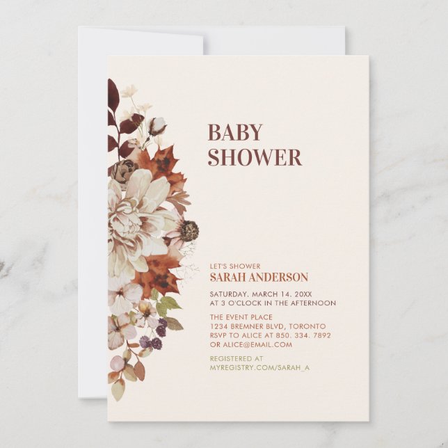 Invitación a la Baby Shower floral de otoño en un  (Anverso)