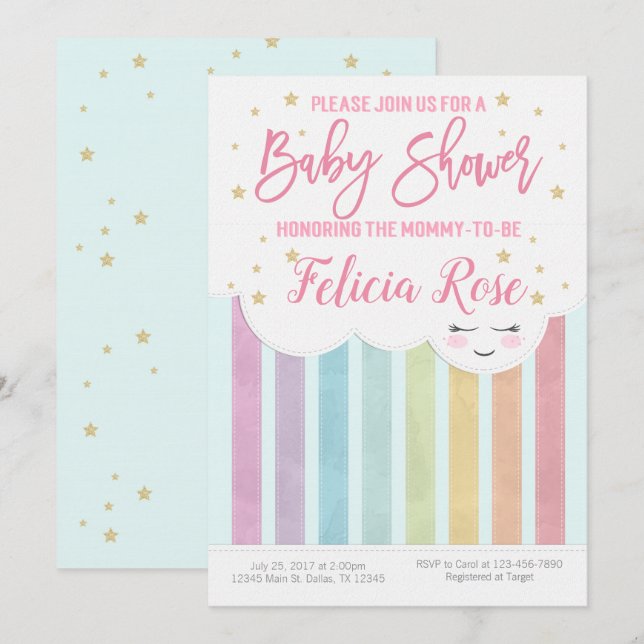 Invitación a la Baby Shower Pastel Rainbow (Anverso / Reverso)