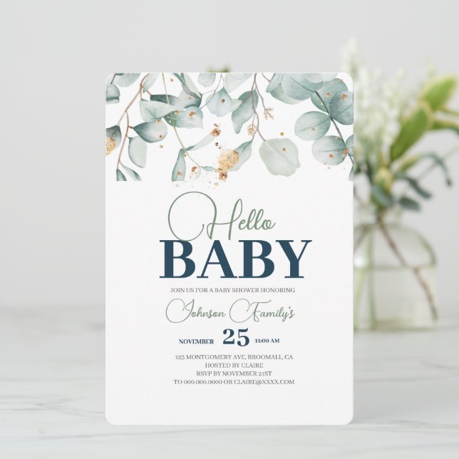 Invitación a la Baby Shower verde, flor de eucalip (Anverso de pie)