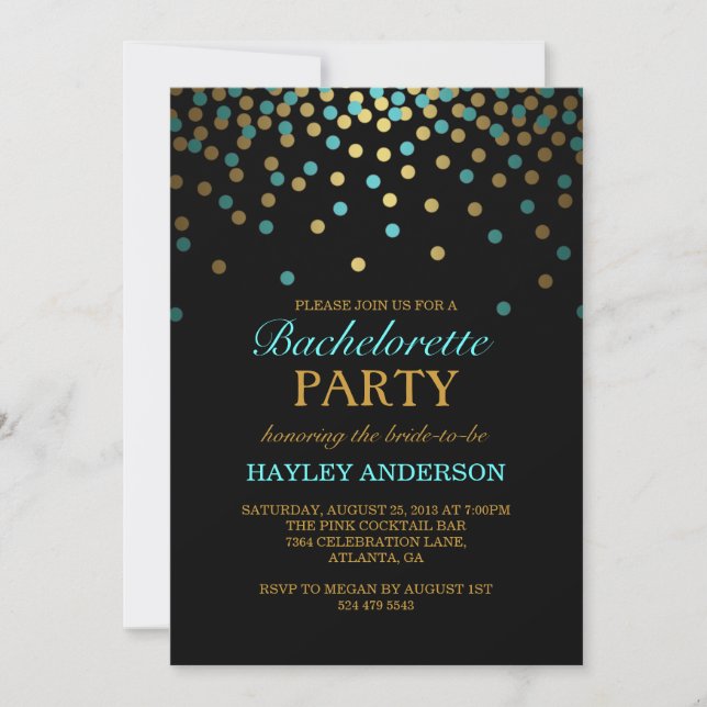 Invitación a la Bachelorette Blue & Gold Confetti (Anverso)