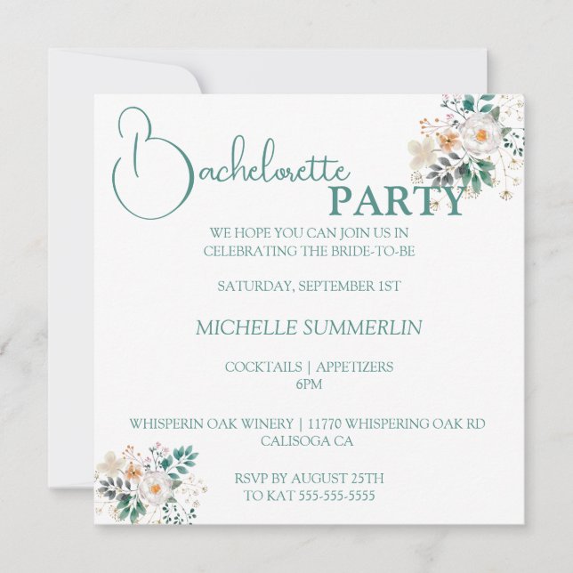 Invitación a la Bachelorette de White con Flores (Anverso)
