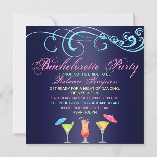 Invitación a la Bachelorette Party Blue Cocktail T (Anverso)