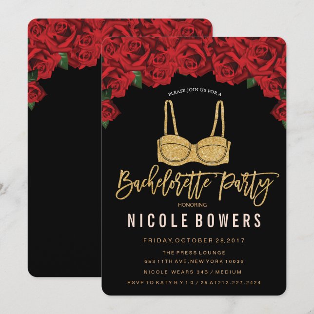 Invitación a la Bachelorette Party Gold Bra Red Ro (Anverso / Reverso)
