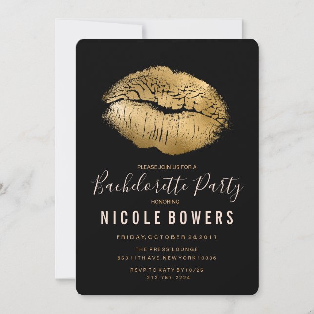 Invitación a la Bachelorette Party Gold Lips (Anverso)