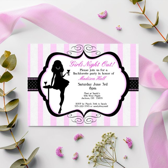 Invitación a la Bachelorette Party Night Out de lo (Pink White and Black Striped Girl's Night Out Jewelry Party Invitation)