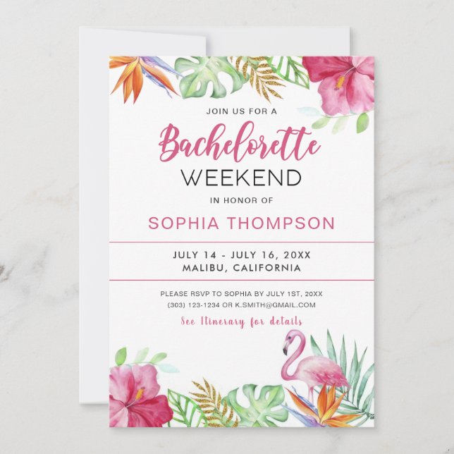Invitación a la Bachelorette Tropical Flamingo (Anverso)