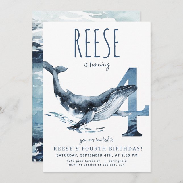 Invitación a la ballena por cuarto cumpleaños (Anverso / Reverso)