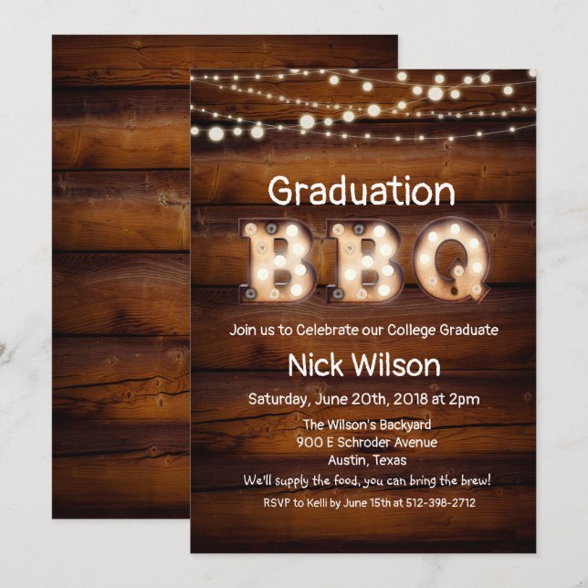 Invitación a la barbacoa de graduación rústica (Anverso / Reverso)