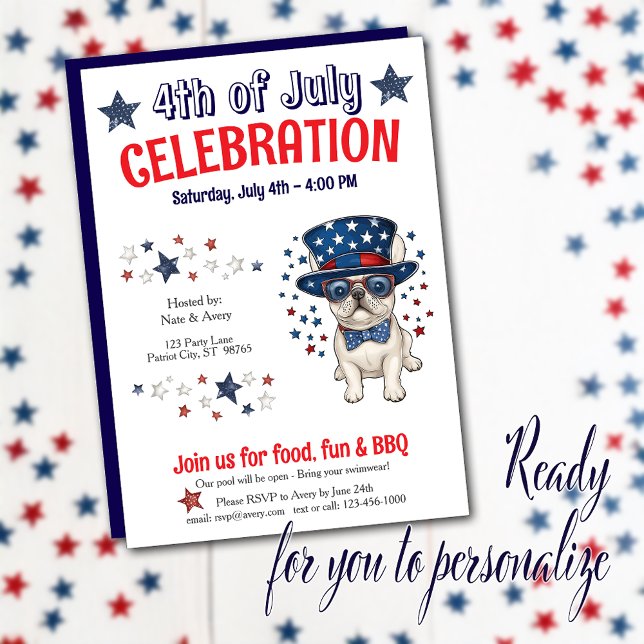 Invitación a la barbacoa del Fiesta Bulldog francé (This whimsical design captures hearts with a charming Frenchie dressed in true patriotic spirit.)