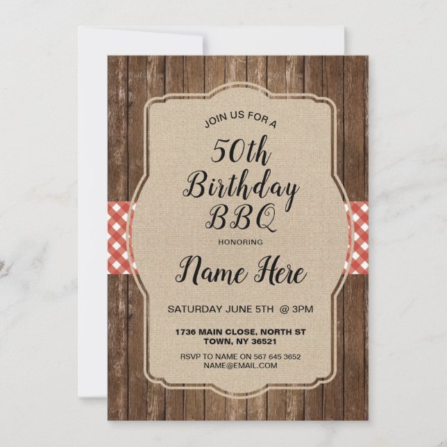 Invitación a la barbacoa Red Gingham Burlap del Pa (Anverso)