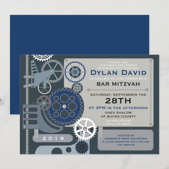 Invitación a la barra de bar GEARS en Mitzvah (Anverso / Reverso)