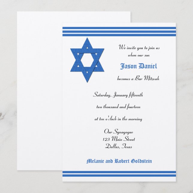 Invitación a la barra Mitzvah - Invitación metálic (Anverso / Reverso)