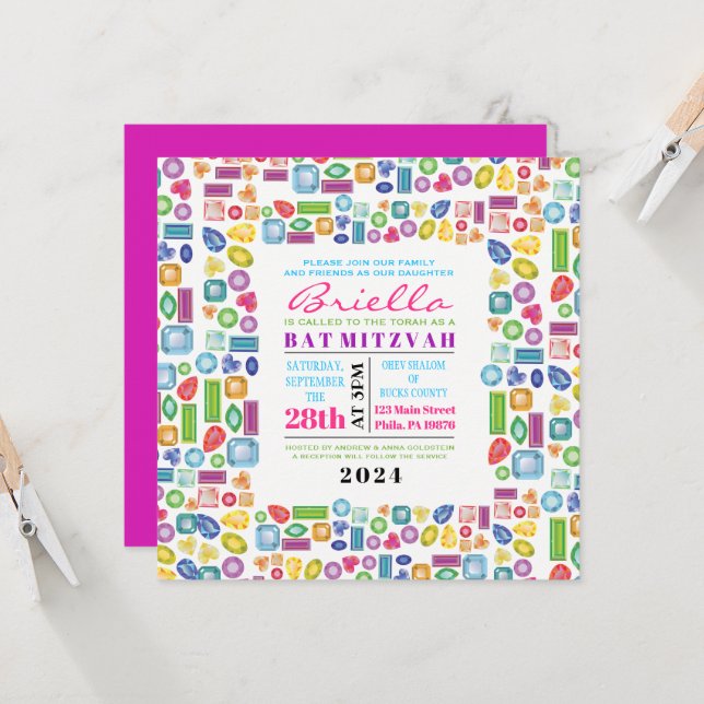 Invitación a la Bat Mitzvah de la gema BLING BLING (Anverso/Reverso In Situ)