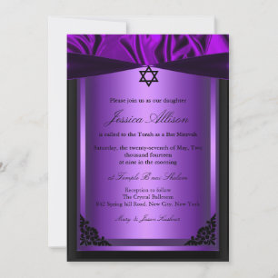 Invitación a la bat mitzvah de seda púrpura y negr