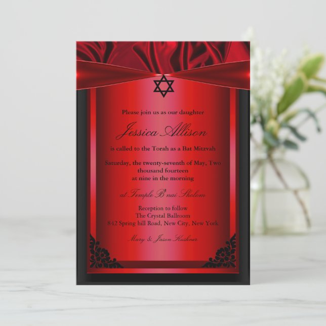 Invitación a la bat mitzvah de seda roja y negra (Anverso de pie)