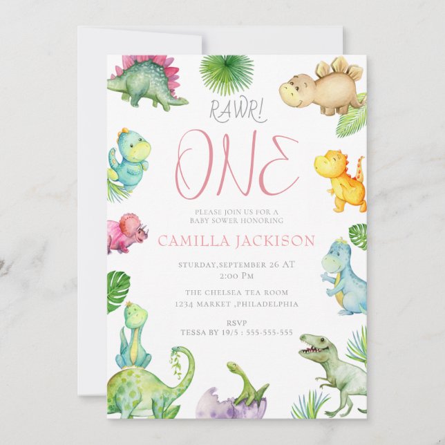 Invitación a la bebé de primer cumpleaños de Dinos (Anverso)
