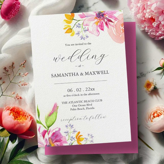 Invitación a la boda (Bold wedding invitations watercolor pink and orange flowers by Victoria Grigaliunas DoTellABelle)