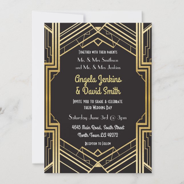 Invitación a la boda 1920's Black & Gold Art Deco (Anverso)