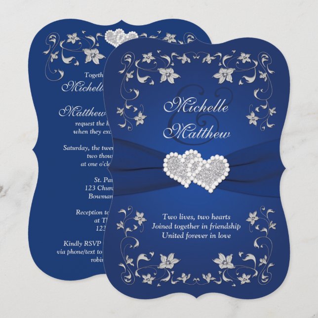 Invitación a la boda 2 Plata azul real, floral, co (Anverso / Reverso)