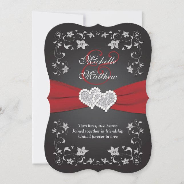 Invitación a la boda 2 Plata roja negra, floral, c (Anverso)