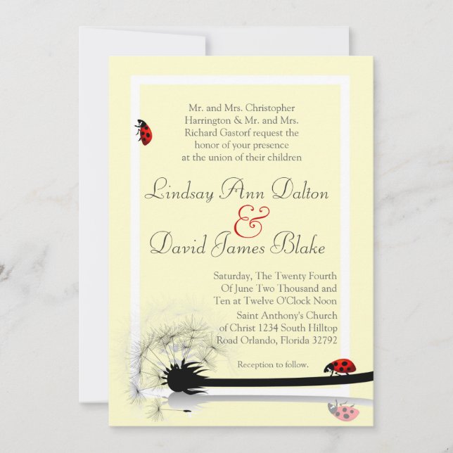 Invitación a la boda 5x7 Amarillo y Lady Bugs (Anverso)