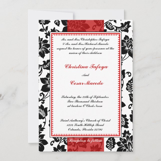 Invitación a la boda 5x7 Banda roja floreciente ne (Anverso)