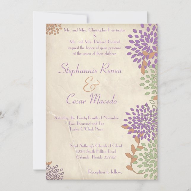 Invitación a la boda 5x7 Floral de flores verde pú (Anverso)