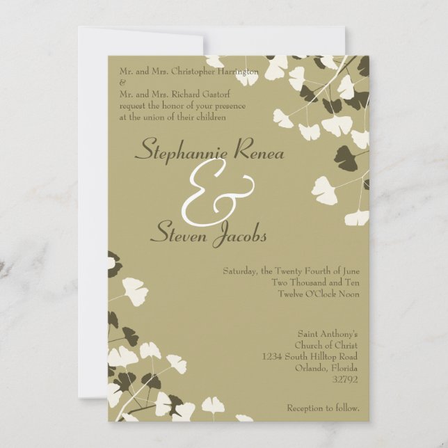 Invitación a la boda 5x7 Ginkgo blanco deja primav (Anverso)