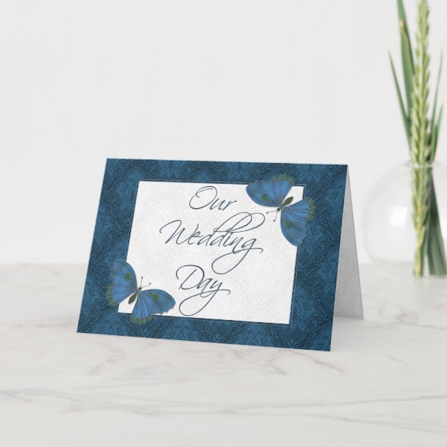 Invitación a la boda 5X7 mariposa Brocade verde az (Anverso)