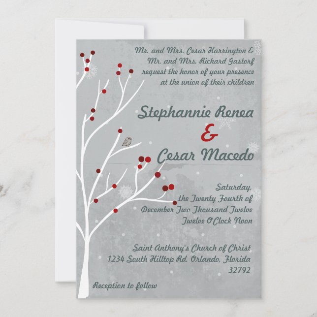 Invitación a la boda 5x7 Wint de árbol de Berry bl (Anverso)
