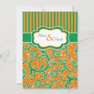 Invitación a la boda a rayas florales en naranja, 