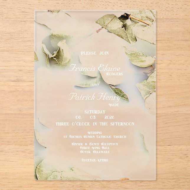 Invitación a la boda acrílica con Rosa Petal Frost (Anverso)