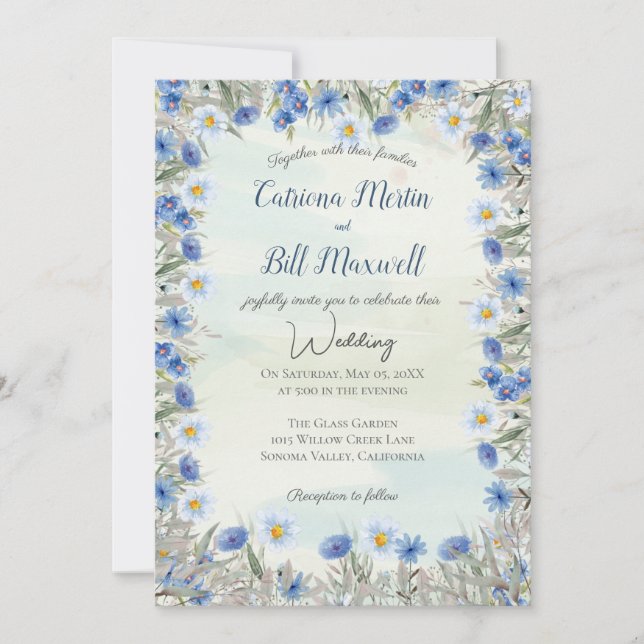 Invitación a la boda acrílica de flor salvaje azul (Anverso)
