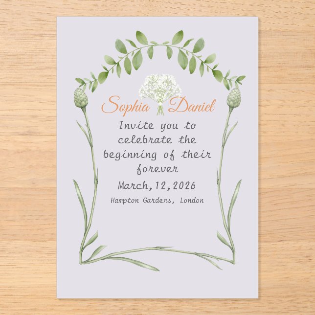 Invitación a la boda acrílica de lavanda ligera (Anverso)