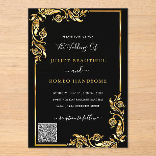 Invitación a la boda acrílica de oro negro con cód