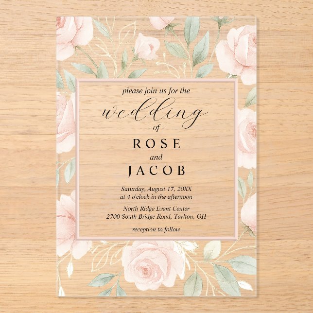 Invitación a la boda acrílica de Rosas de Rubor mo (Anverso)