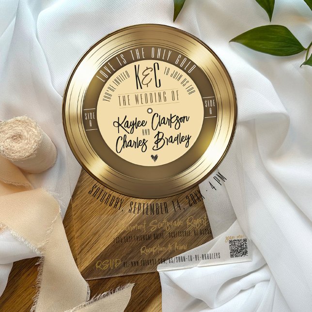 Invitación a la boda acrílica del Arco del Libro d (Black and gold retro vinyl record vintage monogram modern trendy unique arch acrylic wedding invite)