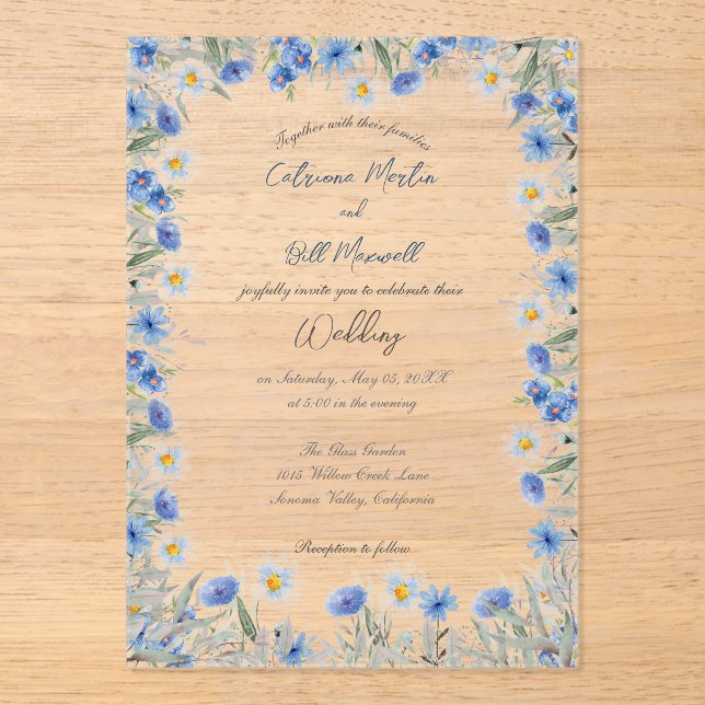 Invitación a la boda acrílica floral azul (Anverso)