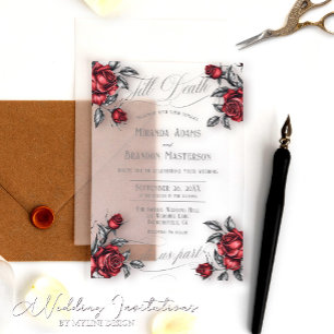 Invitación a la boda acrílica floral negra y roja