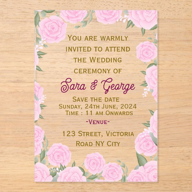 Invitación a la boda acrílica floral rosa (Anverso)