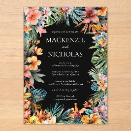 Invitación a la boda acrílica negra floral tropica
