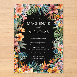Invitación a la boda acrílica negra floral tropica