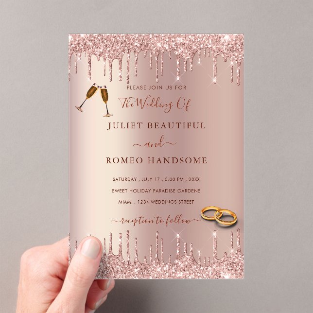 Invitación a la boda acrílica Rosa Purpurina de or (Insitu (portátil))