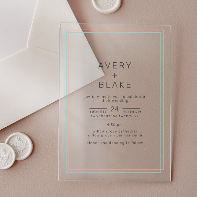 Invitación a la boda acrílica Verde azulada de cor (AVERY Modern Coral Teal Acrylic Wedding Invitation)
