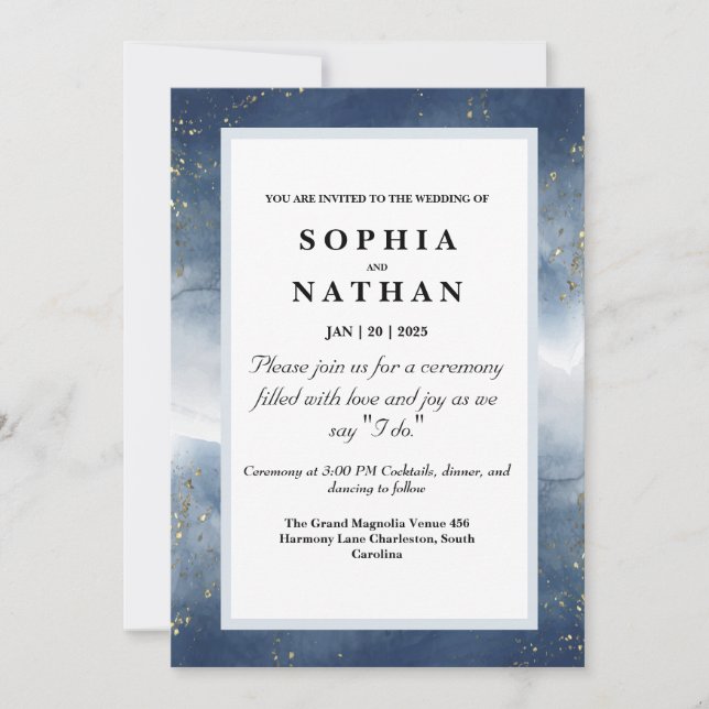 Invitación a la boda acuarela azul de la marina co (Anverso)