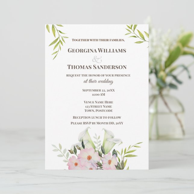 Invitación a la boda Acuarela Calla Blanca Lilies (Anverso de pie)